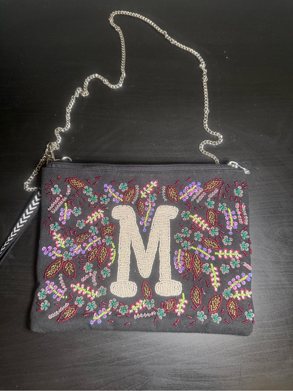 America & Beyond Black Sequin 'M' Embroidered Crossbody Clutch